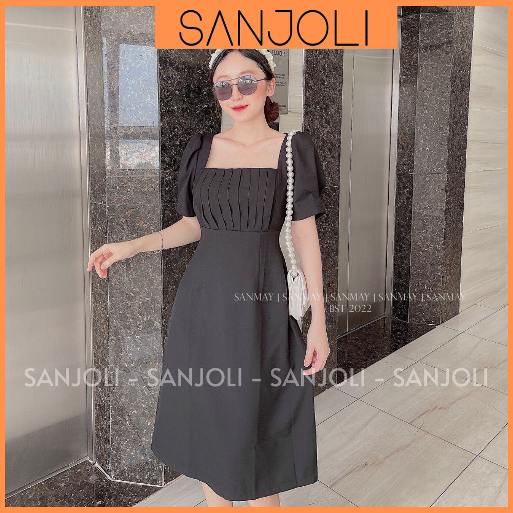 Váy Công Sở Nữ SANJOLI Đầm Dự Tiệc Thiết Kế Cổ Vuông Tay Phồng Họa Tiết Xếp Ly Phong Cách Hàn Quốc Sang Trọng VDE17