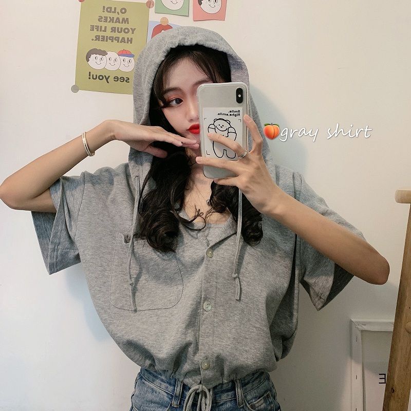 Áo Thun Tay Ngắn Dáng Rộng Có Mũ Trùm Phối Dây Rút Thời Trang Mùa Hè 2022 Mới Phong Cách Hàn Quốc Cho Nữ