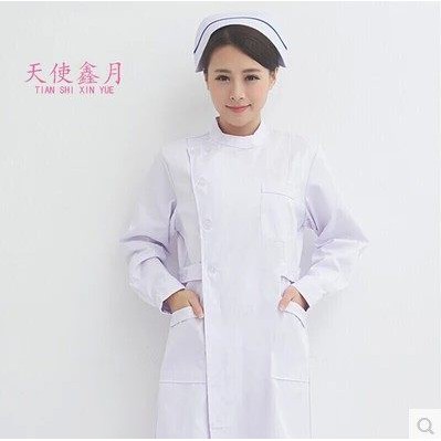 Quần áo y tá dài tay trang phục mùa đông nữ Cổ Búp Bê tròn, quần áo làm việc bằng bột màu trắng tôn dáng của bác sĩ nữ d