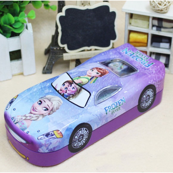 Hộp bút sắt hình ô tô 2 ngăn in hình Doreamon,siêu nhân,người nhện xe hơi,elsa,công chúa,chuột mickey