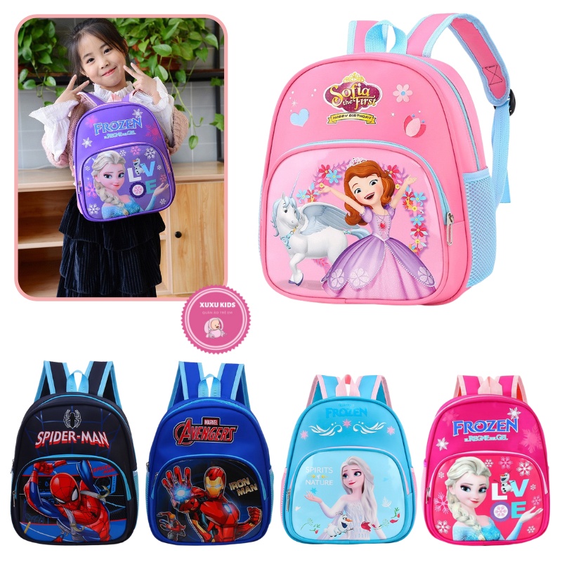 Ba lô trẻ em, balo cho bé đi học mẫu giáo mầm non 2 ngăn in hình Sofia Elsa Ironman người nhện Xu Xu Kids - Hàng mới về