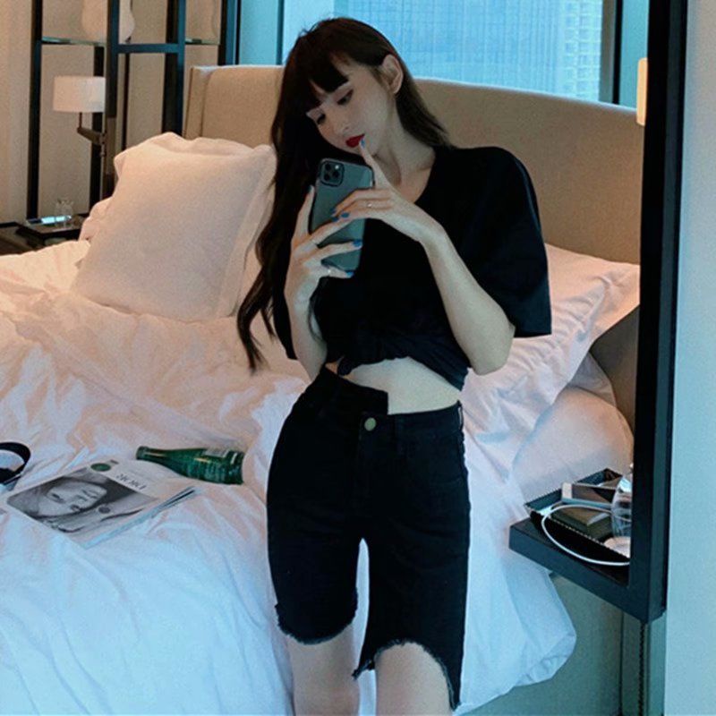 Quần short denim lưng cao ống suông phối rách thời trang mùa hè dành cho nữ