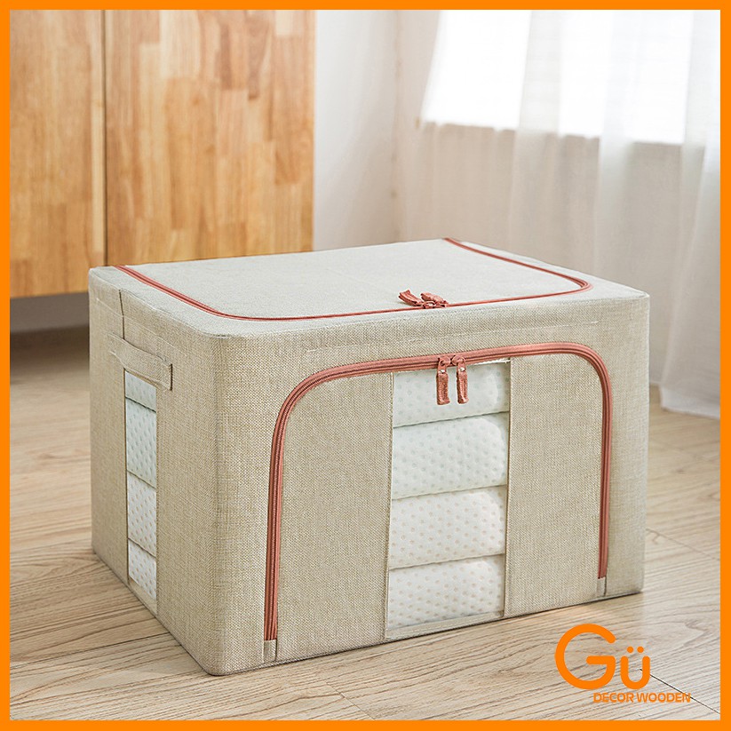 Túi vải đựng quần áo, Giỏ đựng đồ Gu Decor Wooden cất gọn chăn màn khung thép có khóa kéo
