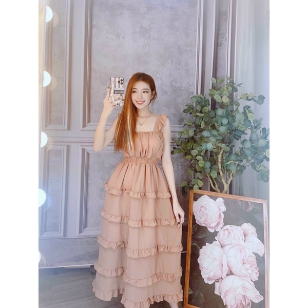 Đầm maxi cánh tiên phối tầng bèo dáng dài siêu xinh có mút-hình thật.