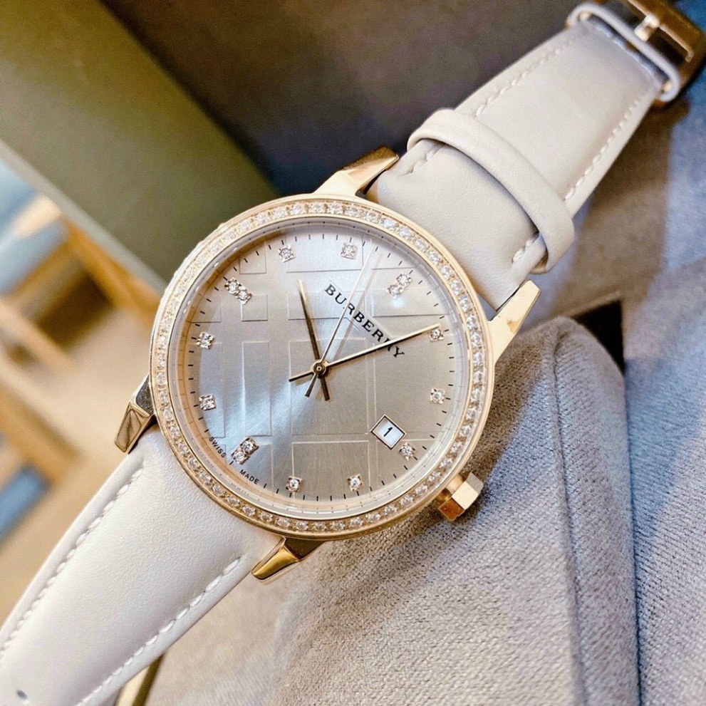 Đồng hồ nữ BURBERRY cao cấp - đính daimond trắng viền và số, dây da sang trọng