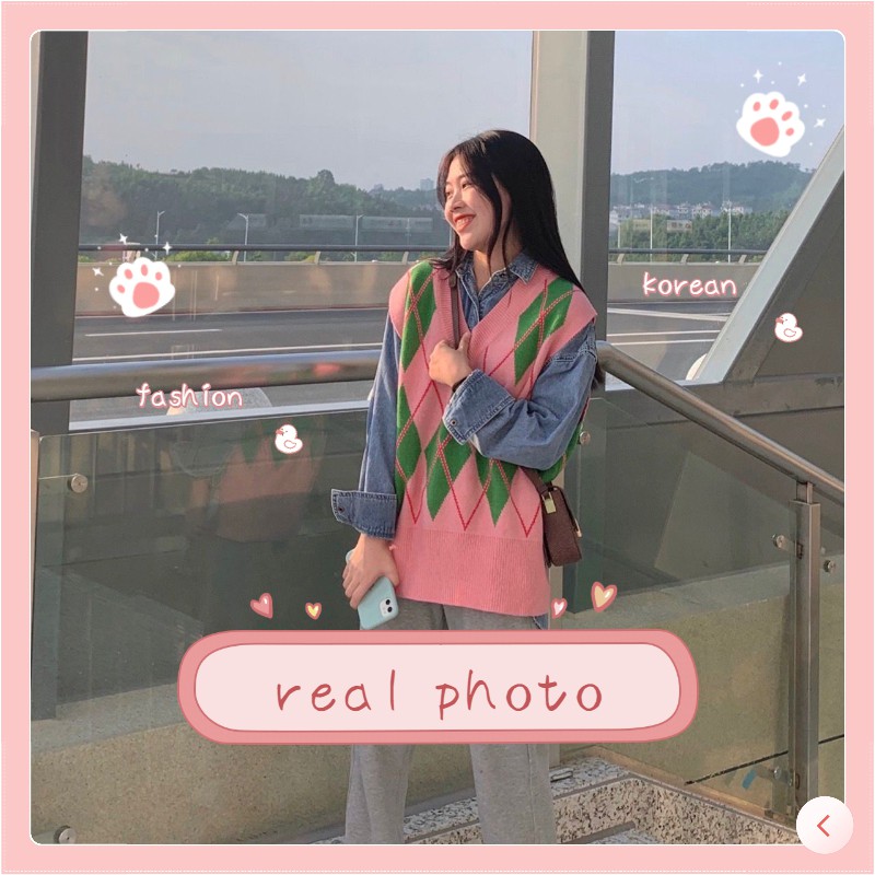 Áo gile len họa tiết hình học đơn giản thời trang phong cách Hàn Quốc