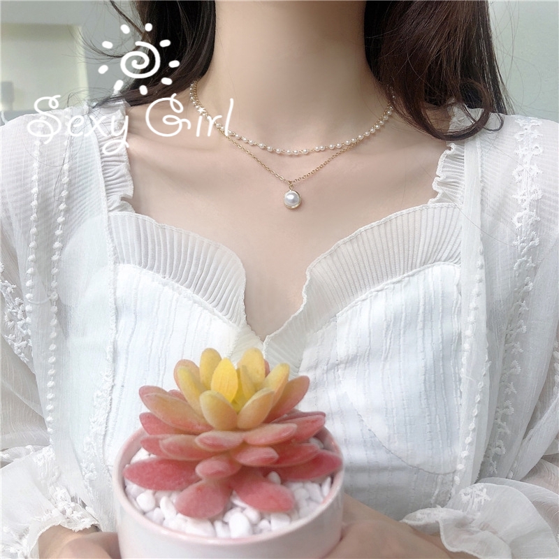 Vòng Cổ Choker Hai Lớp Đính Ngọc Trai Phong Cách Hàn Quốc Quyến Rũ Dành Cho Nữ