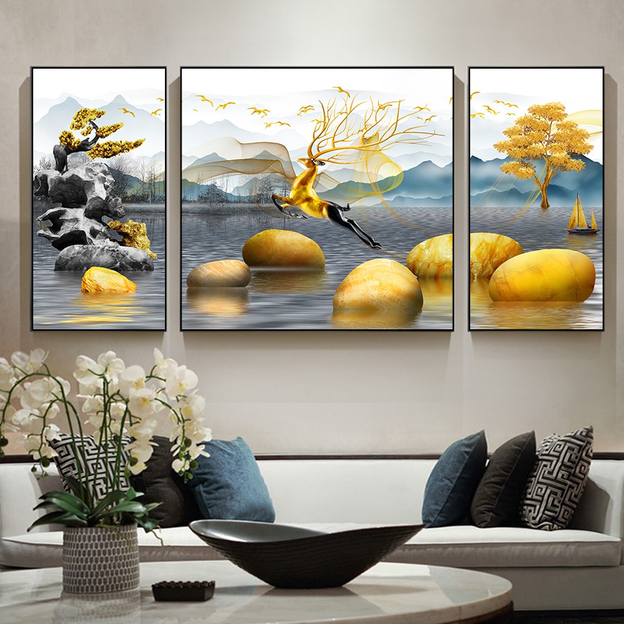 Bộ 3 tranh treo tường hiện đại trừu tượng nai vàng may mắn tài lộc bóng kiếng hoặc vải canvas 4932