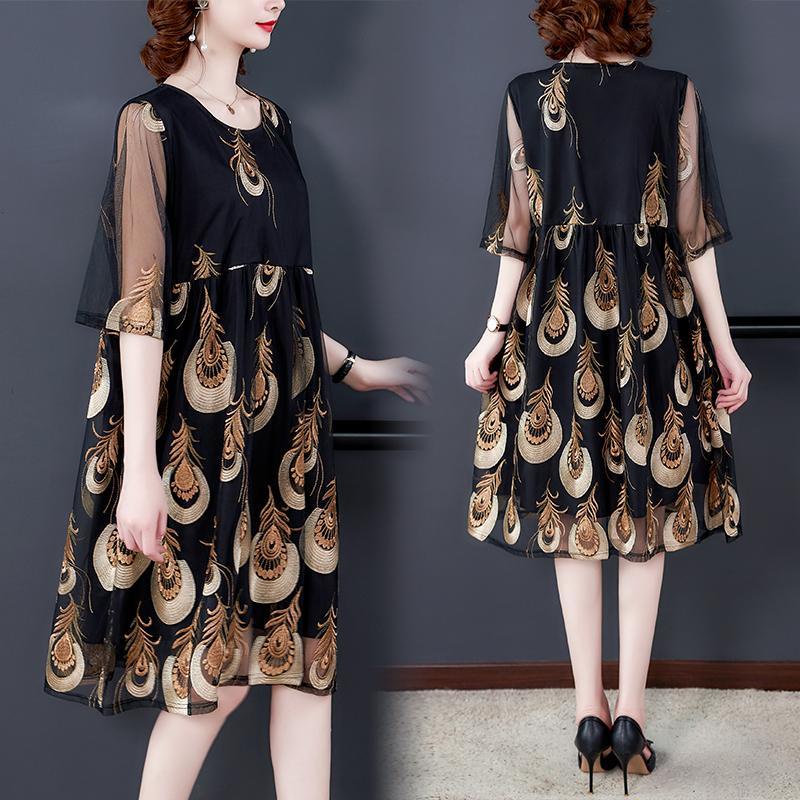 Đầm Phối Lưới Thêu Họa Tiết Chim Công Xinh Xắn Thời Trang 200 Jin Plus Size