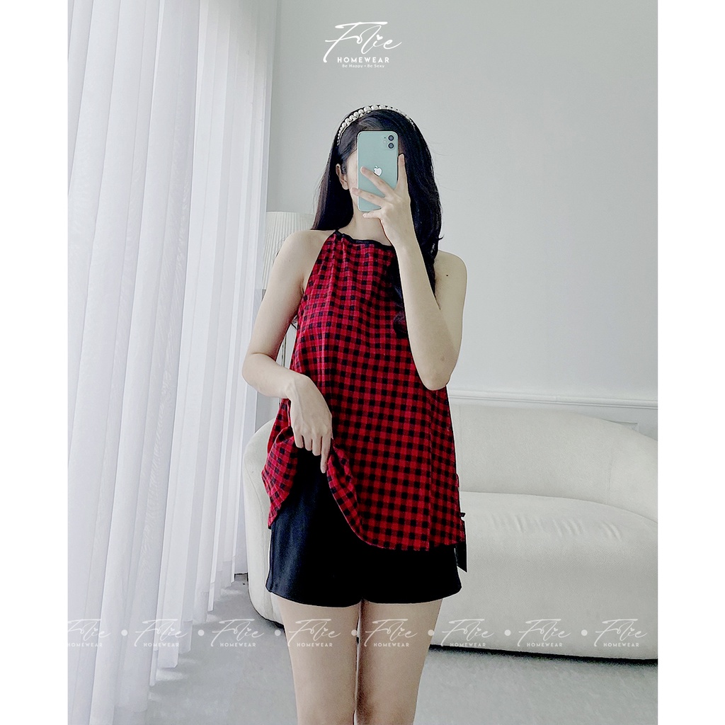 [Chính hãng]FolieHomewear Đồ bộ mặc nhà áo yếm caro đỏ quần đùi (short) chất liệu thun cotton FB105.3 | BigBuy360 - bigbuy360.vn