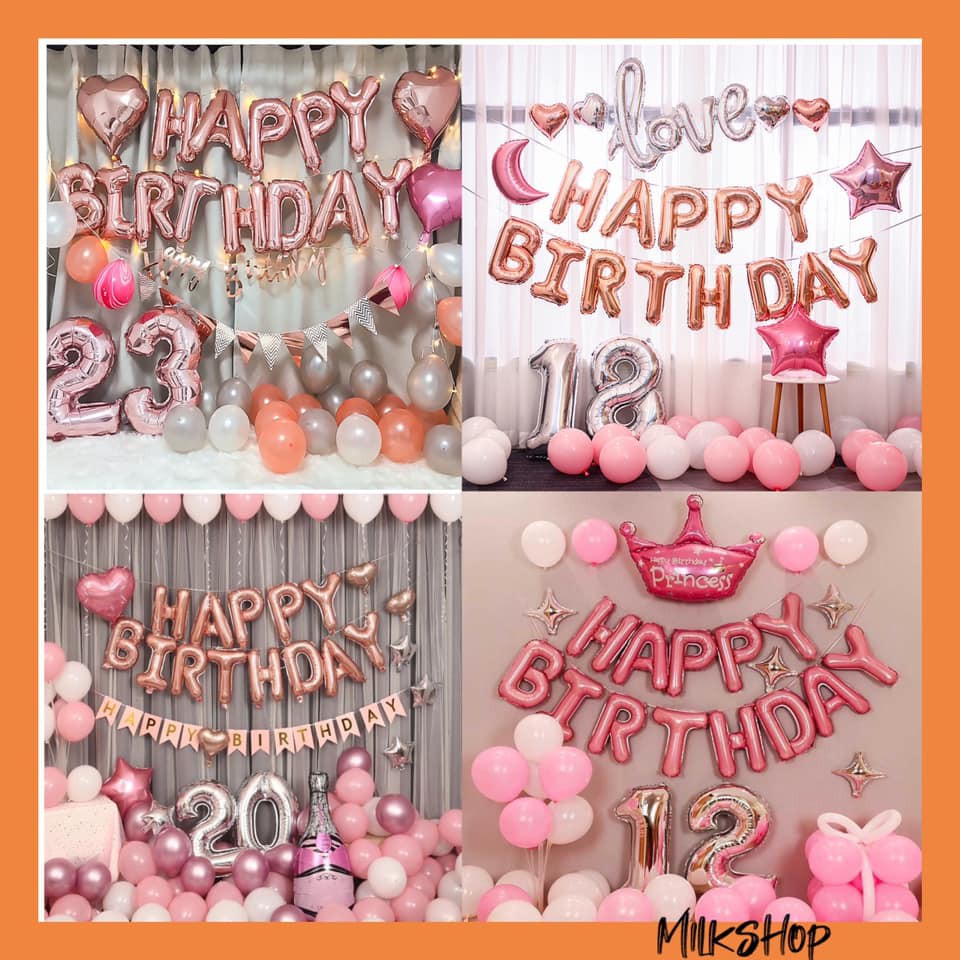 Bộ bóng bay happy birthday trang trí sinh nhật Milkship A89 Tông Hồng Đẹp