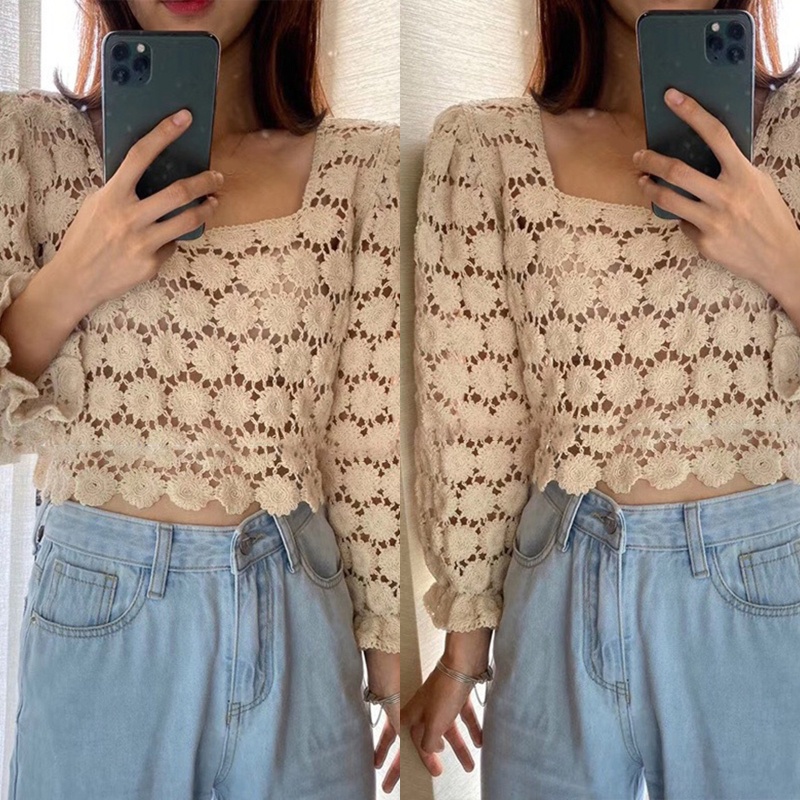 Brroa Áo Kiểu Dệt Kim Tay Phồng 3 / 4 Cổ Vuông Phối Ren Xuyên Thấu Thời Trang Cho Nữ Cr