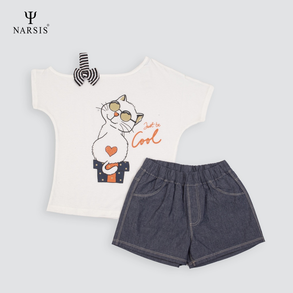 Bộ đồ hè bé gái Narsis KM1008 quần bò tím than ghi áo cotton trắng