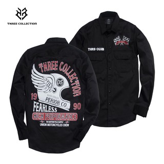 Áo sơ mi nam tay dài cờ đua nón THREE COLLECTION trắng đen bảo hành hình in 365 ngày