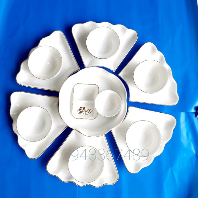 Trọn bộ bát đĩa hoa mặt trời sứ Bát Tràng vẽ vàng, ĐK 55cm