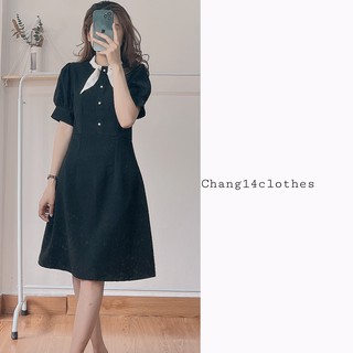 Váy đen tay bồng cổ dây nơ