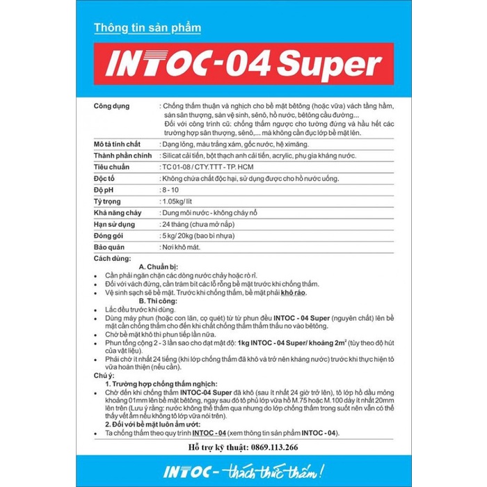 Sơn chống thấm Intoc 04 Super 5kg dùng chống thấm thuận cho sàn, tường, sân thượng, bể nước