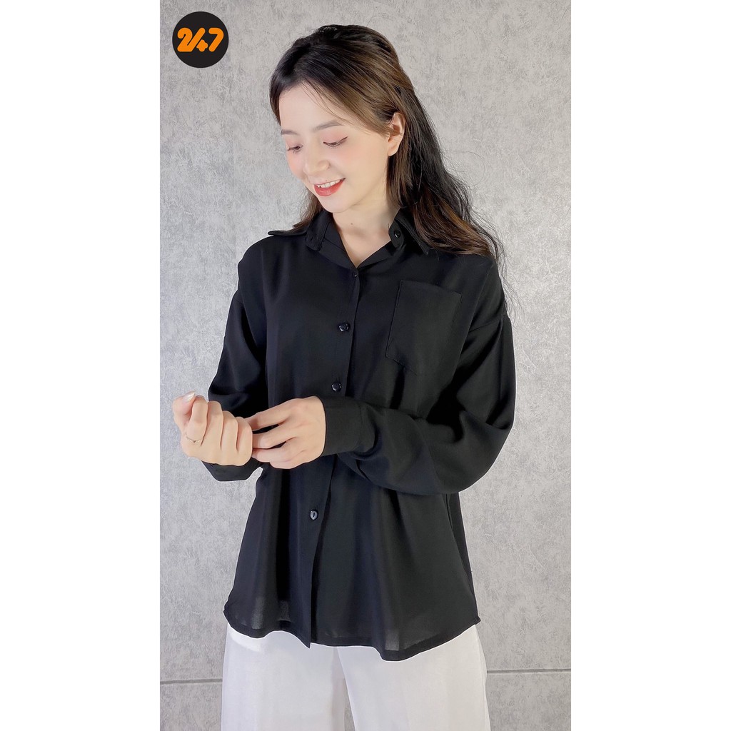 Sơ mi nữ basic cổ polo màu đen cá tính form rộng kiểu ulzzang hàn quốc | WebRaoVat - webraovat.net.vn