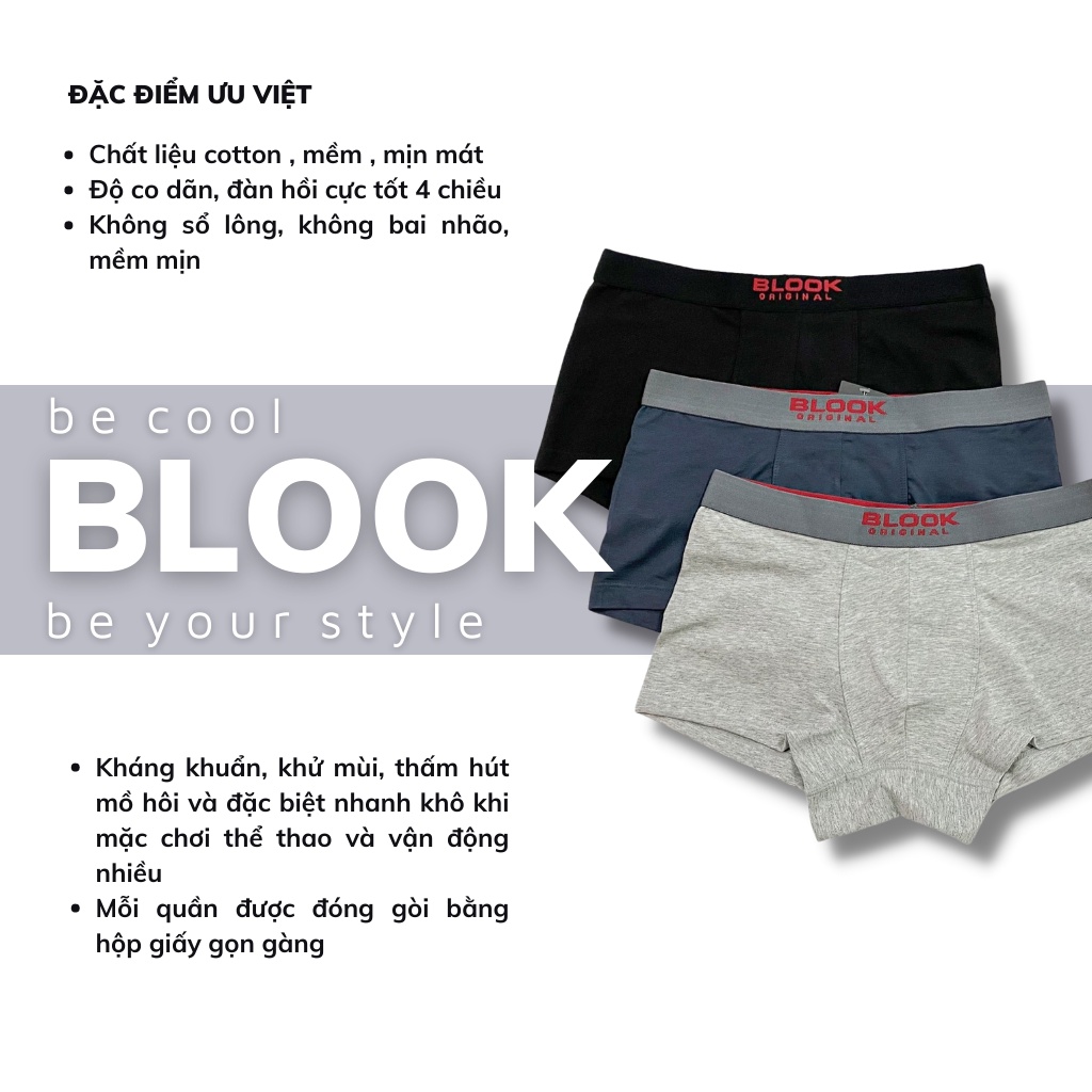 Quần lót BOXER nam BLOOK vải cotton 4 chiều siêu mát 100% thoáng khí, kháng khuẩn, khử mùi , co g0iãn tốt 79185