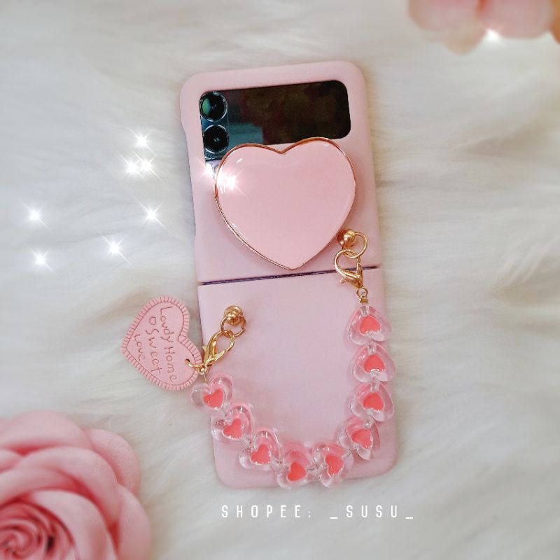 Ốp Samsung Z Flip 3 - ZFlip 3 - ZFlip3 hồng pastel ngọt ngào kèm bộ dây đeo tim dễ thương