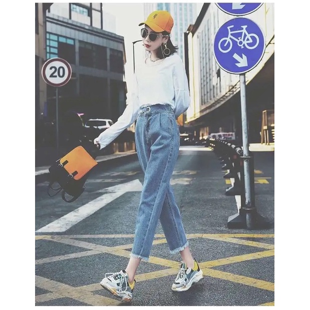 Quần Jean Dáng Baggy Nữ Màu Xanh Nhạt Cạp Cao Có Dây Đai Ống Đứng Phong Cách Hàn Quốc Loại 1 Mềm Mặc Hàng Ngày Đủ Size