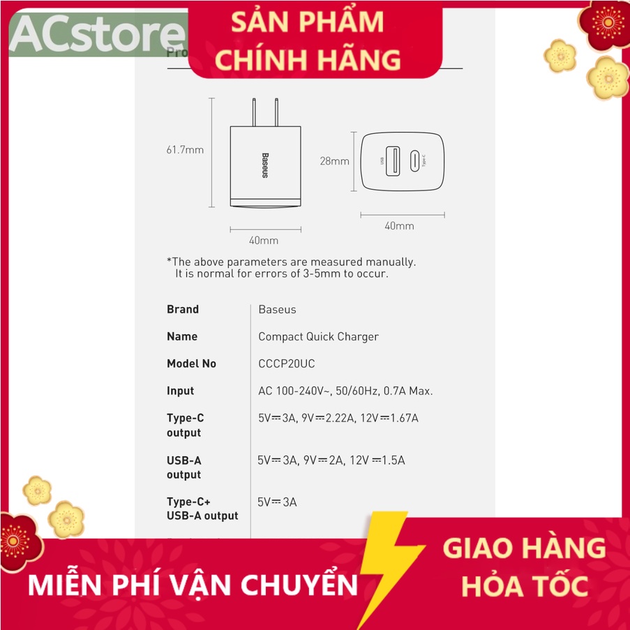 20W Củ Sạc Baseus 20W PD  Baseus Compact Quick Charger 20W (USB + Type C Dual Port, 20W PD/QC 3.0  ACstore