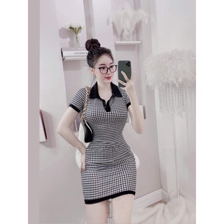 Đầm cổ trụ thun gân