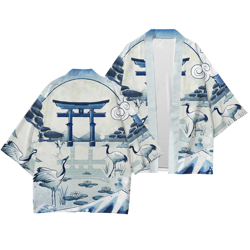 Áo Kimono In Họa Tiết Hoạt Hình Mèo Và Chim Hạc Phong Cách Mới