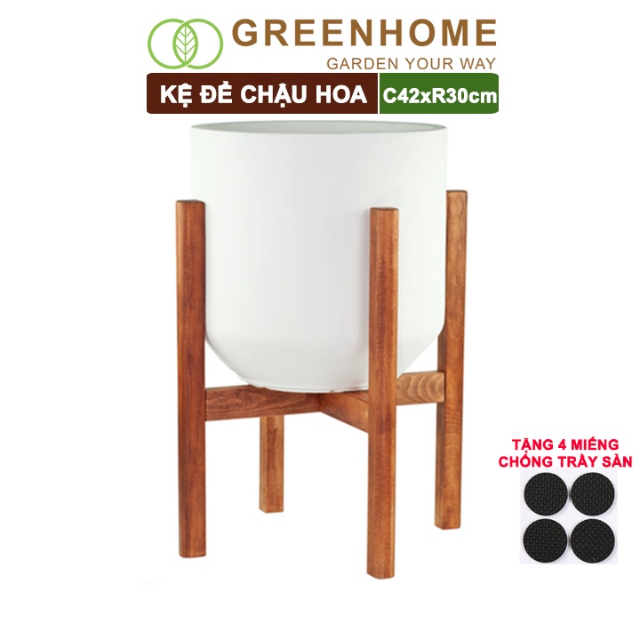 Kệ để chậu hoa, C42xR30cm, chân vuông, gỗ tràm siêu cứng tặng 4 miếng dán chống trầy sàn - Greenhome