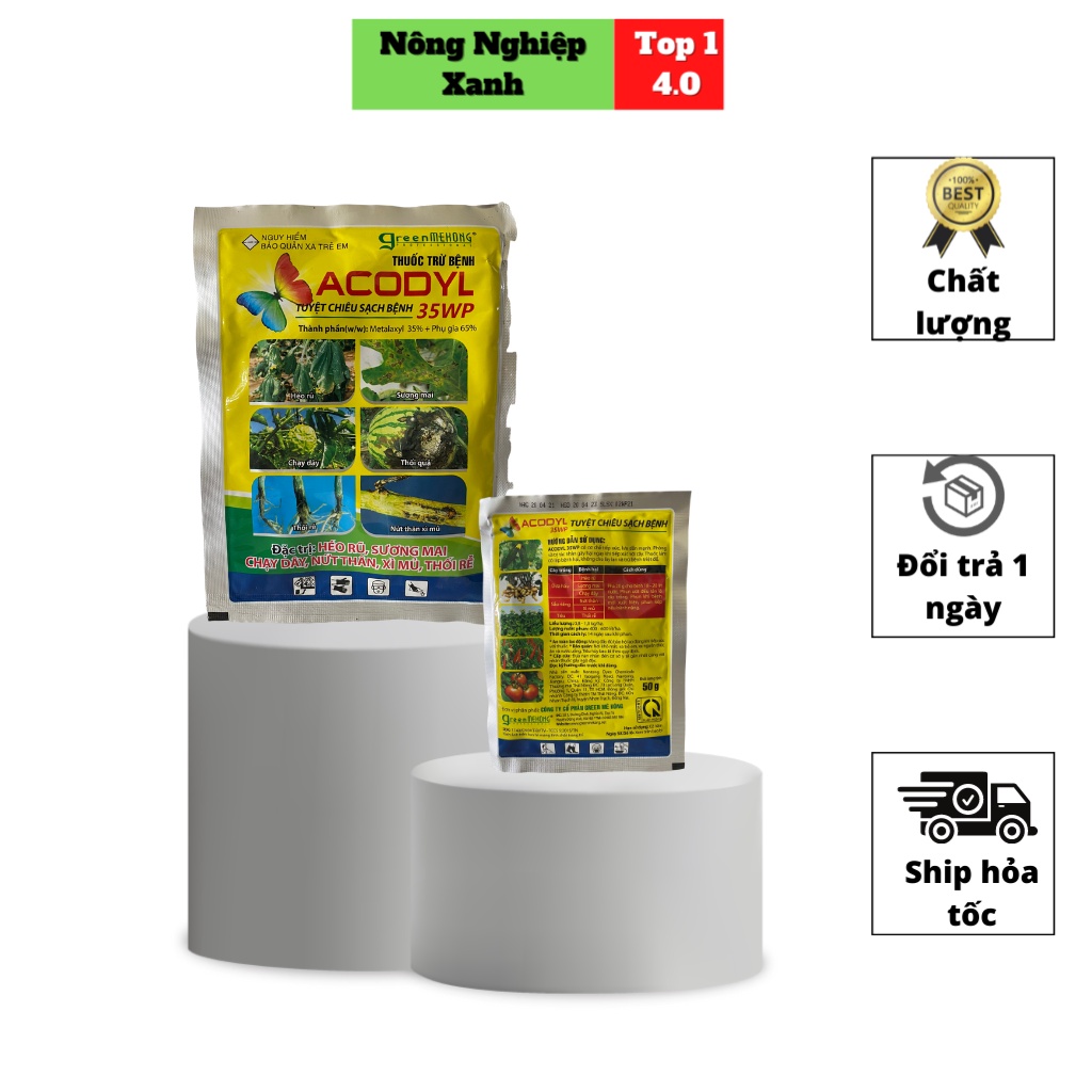 Chế phẩm trị bệnh cây trồng Acodyl. Trị bệnh nứt thân, xỉ mủ, thối rễ, vàng lá, nở cổ rễ, chết thắt. Gói 50g