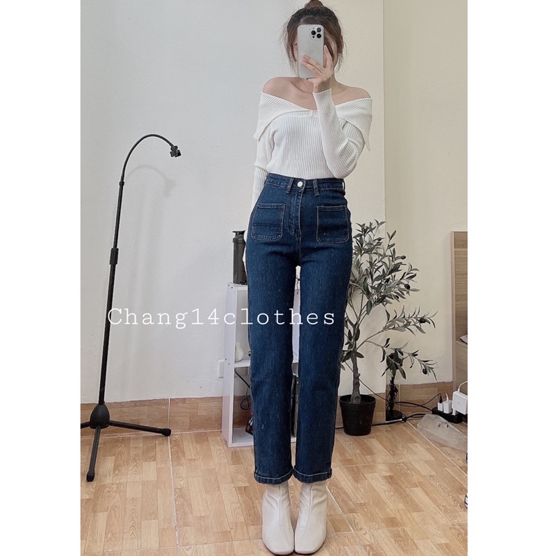Quần bò nữ trơn jeans loe nhẹ dáng xuông co dãn nhẹ có túi phía trước