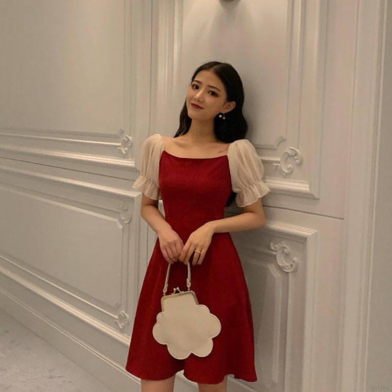 Đầm Nữ Ngắn Tay Trễ Vai Xinh Xắn Theo Phong Cách Hàn Quốc Thanh Lịch