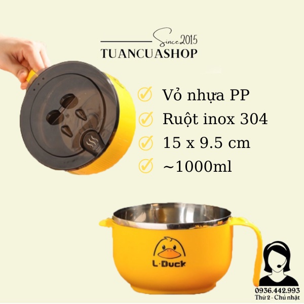 Bát ăn mì inox giữ nhiệt có nắp đậy 1 lít vịt vàng cute, ca tô đựng cháo mì đa năng