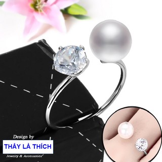 Nhẫn kiểu nữ đính đá và ngọc đẹp xinh - Tự thu lớn nhỏ theo ngón tay - Cam kết 1 đổi 1 nếu đen và gỉ sét