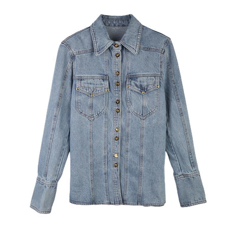 Áo khoác Denim dài tay phối hàng nút vàng thời trang mùa xuân cho nữ