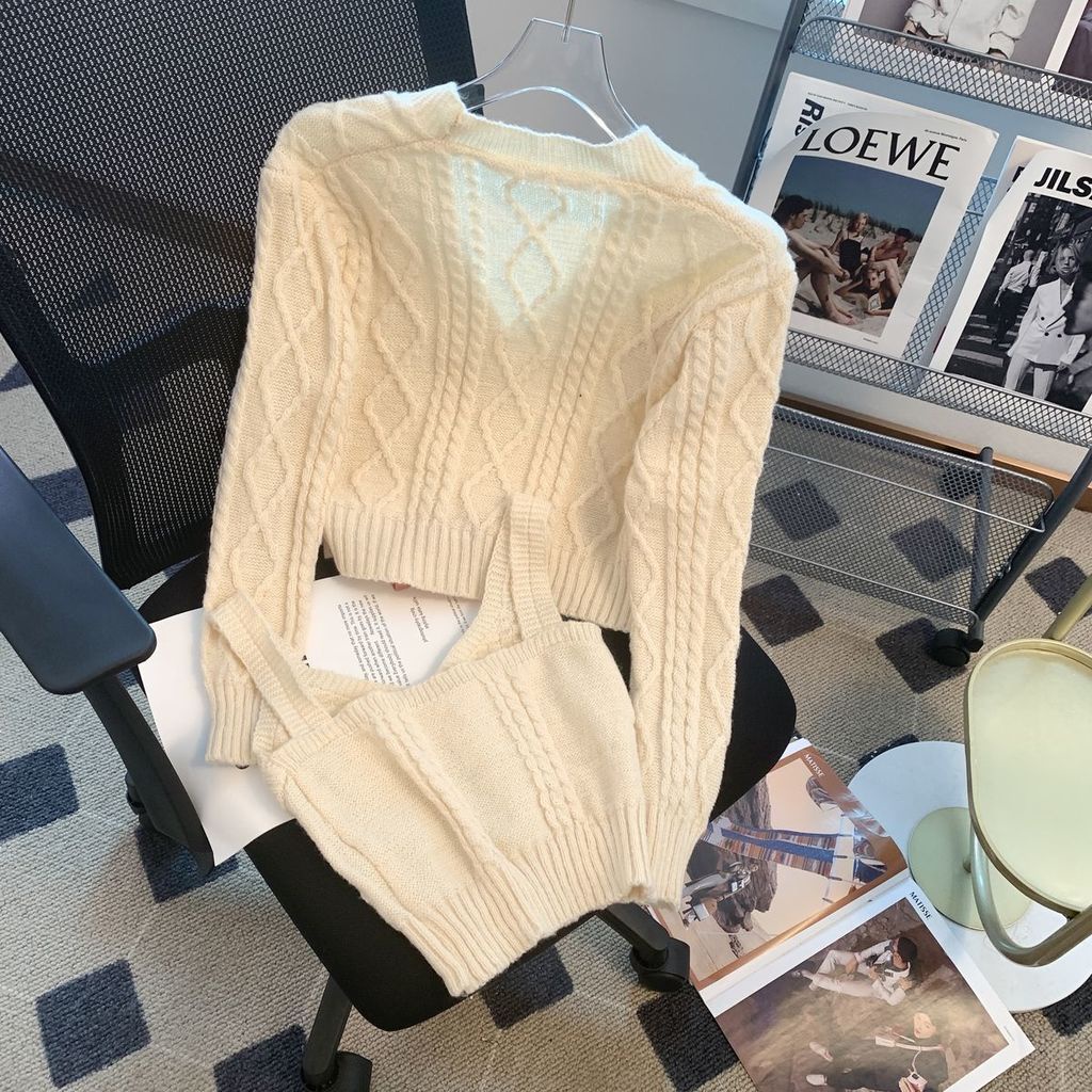 Bộ Áo cardigan Cổ Chữ V Dáng Ôm + Quần Yếm Phong Cách Hàn Quốc Thời Trang Thu Đông Cho Nữ