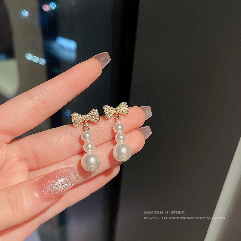 Khuyên Tai Tua Rua Đính Nơ Và Ngọc Trai Phong Cách ins Cao Cấp Cho Nữ