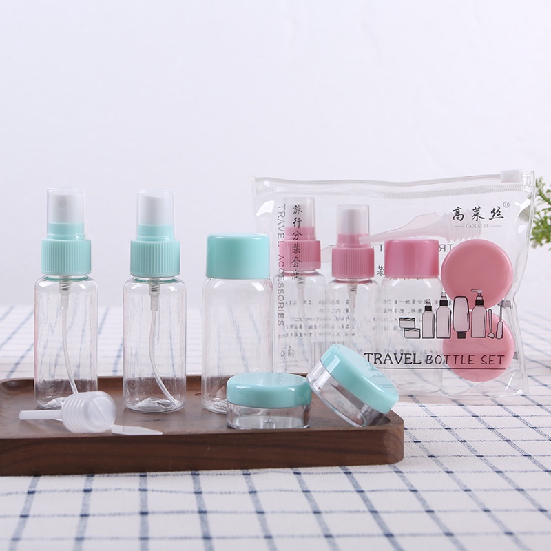Bộ 7 món chiết mỹ phẩm xanh/hồng thuận tiện mang theo du lịch tặng kèm túi zip nhựa