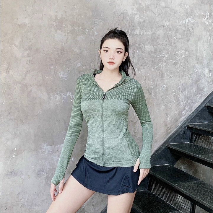 Aó khoác tập gym yoga nữ dệt kim khóa kéo có túi Bin Sports A195