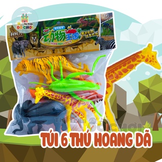 Mô hình động vật túi thú rừng 6 con cho bé (voi, hươu cao cổ, cọp,  kỳ nhông, nai sừng tấm, châu chấu, )