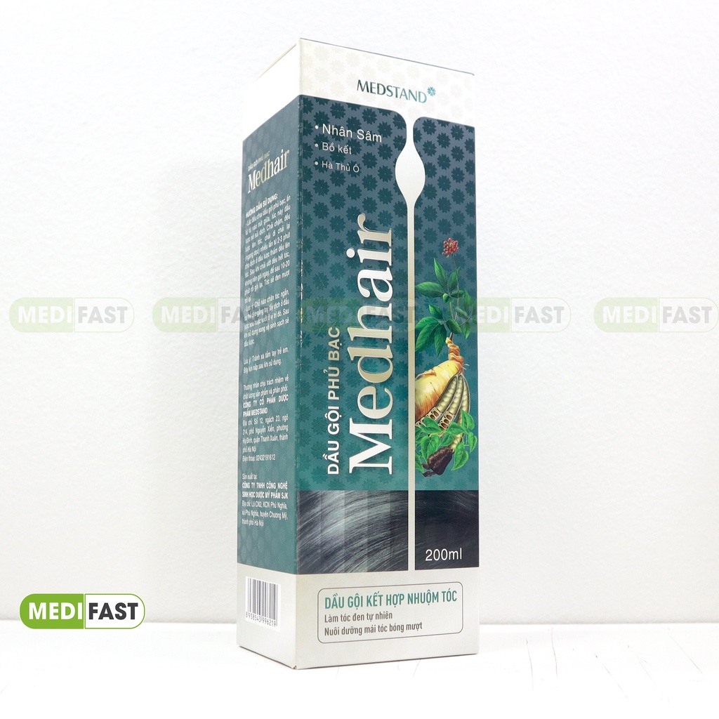 Dầu gội phủ bạc Medhair giúp làm sạch tóc, tóc đen tự nhiên, mềm mượt - Thuốc nhộm tóc đen từ Nhân sâm - Chai 200ml