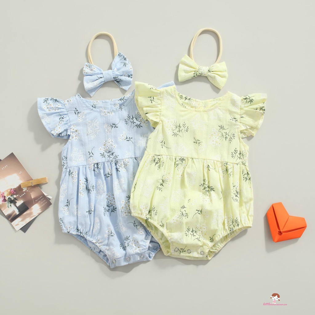 Bộ áo liền quần cánh tiên in hoa cổ tròn có băng đô cho bé gái 0-24 tháng