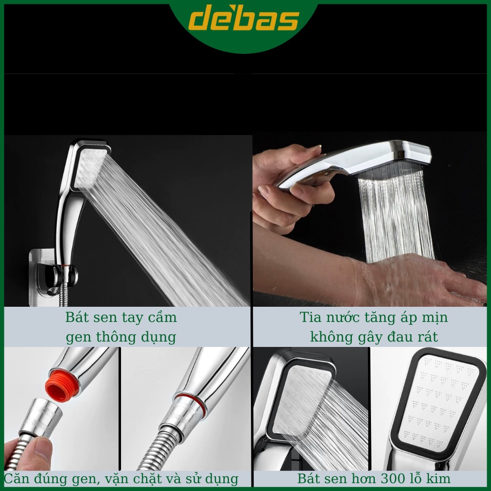 Vòi sen tắm tăng áp nóng lạnh bát tay sen tắm cao cấp dây sen inox và cài sen dán Debas TS04