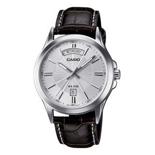Đồng hồ Casio nam dây da thể thao, trắng bạc thanh lịch, lịch thứ và lịch ngày, chống nước WR50M (MTP-1381L-7AVDF)