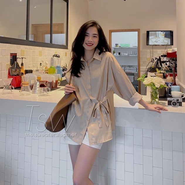 Áo sơ mi nữ form rộng chất tuyết hàn có dây thắt eo hàng Quảng Châu, sơ mi dài tay đi học đi chơi ASM05