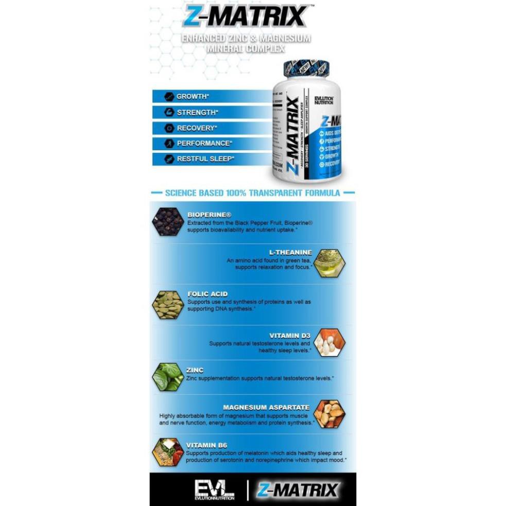 ZMA Hỗ Trợ Giấc Ngủ Tăng Sinh Lý Giảm Stress Và Phát Triển Cơ Bắp Evlution Nutrition Z-Matrix - Từ Mỹ