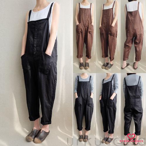 NFW♥Womens Loose Cotton Linen Strappy Jumpsuit Overalls Casual Long Harem Trousers with Pockets