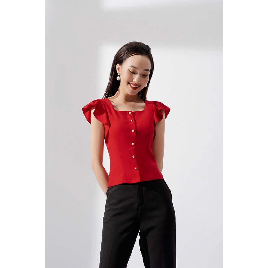 Áo sơ mi croptop, cổ vuông, tay bèo, mở cúc Fiona F550332