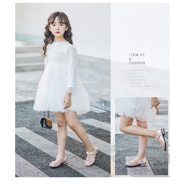 Giày Cho Bé Gái, Giày Búp Bê Bé Gái Công Chúa Đính Đá Kim Sa Hạt Cườm Lấp Lánh