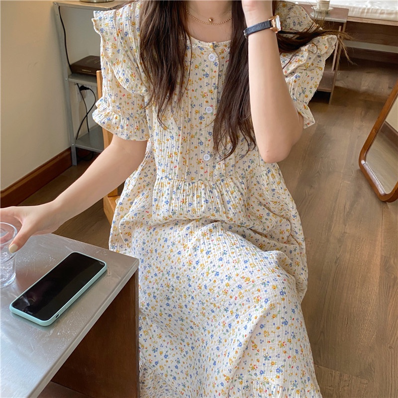 (Hàng có sẵn) Đầm ngủ form đuôi cá họa tiết hoa - Đầm ngủ phong cách hàn quốc, đồ mặc nhà dễ thương